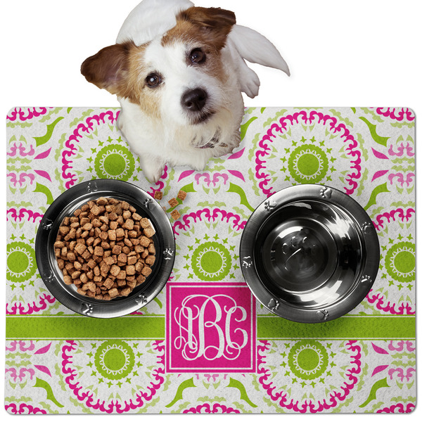Custom Pink & Green Suzani Dog Food Mat - Medium w/ Monogram
