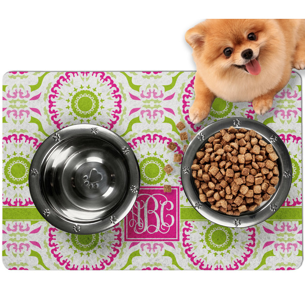 Custom Pink & Green Suzani Dog Food Mat - Small w/ Monogram