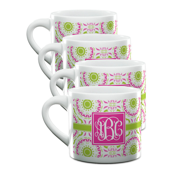 Custom Pink & Green Suzani Double Shot Espresso Cups - Set of 4 (Personalized)