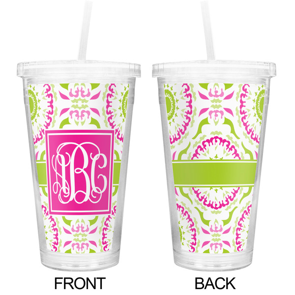 Pink & Green Suzani Double Wall Tumbler with Straw - Approval