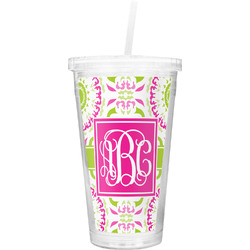 Pink & Green Suzani Double Wall Tumbler with Straw (Personalized)