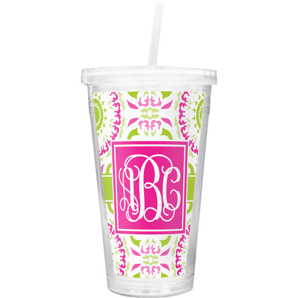 Custom Pink & Green Suzani Double Wall Tumbler with Straw (Personalized)