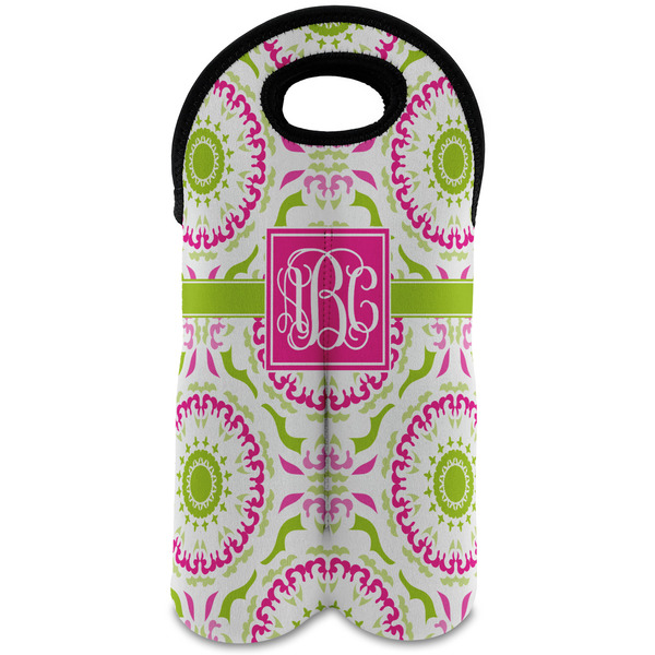 Custom Pink & Green Suzani Wine Tote Bag (2 Bottles) (Personalized)