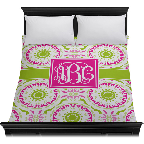 Pink & Green Suzani Duvet Cover - Queen - On Bed - No Prop