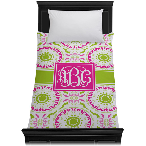 Pink & Green Suzani Duvet Cover - Twin XL - On Bed - No Prop