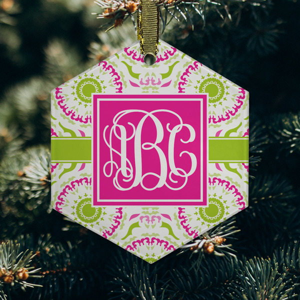 Pink & Green Suzani Frosted Glass Ornament - Hexagon (Lifestyle)