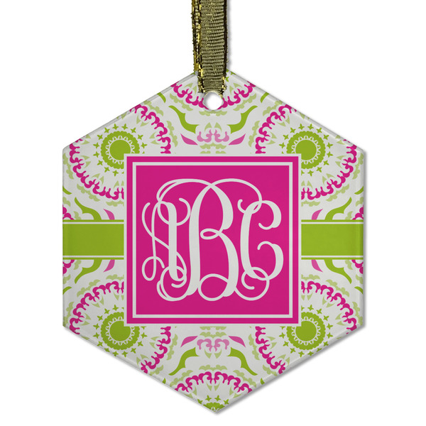 Custom Pink & Green Suzani Flat Glass Ornament - Hexagon w/ Monogram