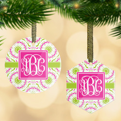 Pink & Green Suzani Flat Glass Ornament w/ Monogram