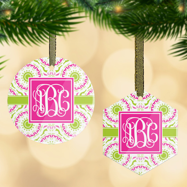 Custom Pink & Green Suzani Flat Glass Ornament w/ Monogram