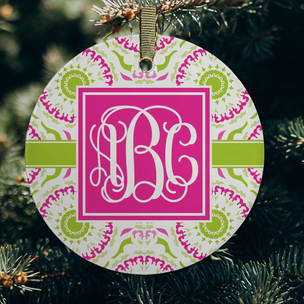 Pink & Green Suzani Frosted Glass Ornament - Round (Lifestyle)
