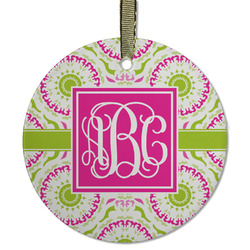 Pink & Green Suzani Flat Glass Ornament - Round w/ Monogram