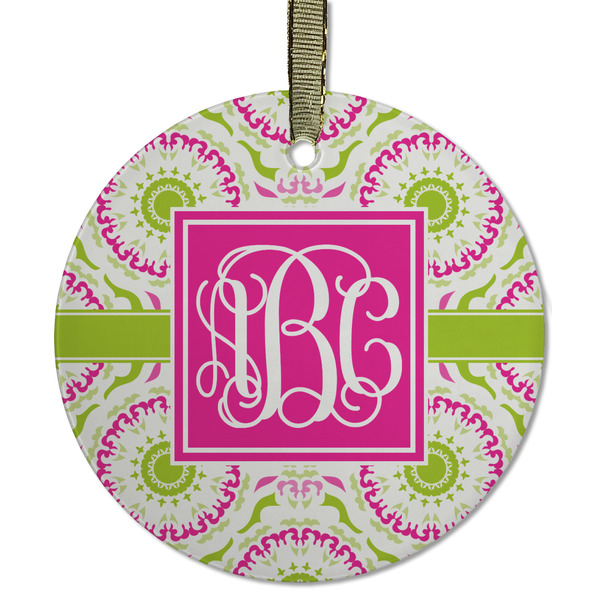 Custom Pink & Green Suzani Flat Glass Ornament - Round w/ Monogram