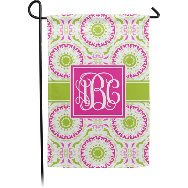 Custom Pink & Green Suzani Small Garden Flag - Double Sided w/ Monograms