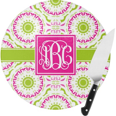 Pink & Green Suzani Round Glass Cutting Board (Personalized)