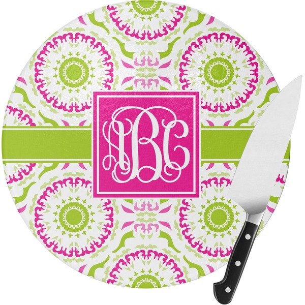 Custom Pink & Green Suzani Round Glass Cutting Board - Medium (Personalized)