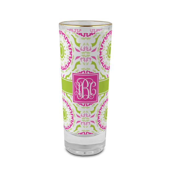 Custom Pink & Green Suzani 2 oz Shot Glass - Glass with Gold Rim (Personalized)