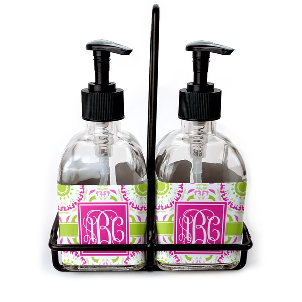 Custom Pink & Green Suzani Glass Soap & Lotion Bottle Set (Personalized)