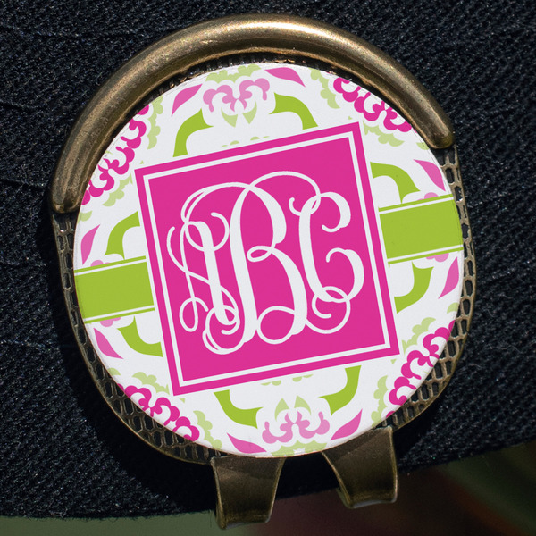 Pink & Green Suzani Golf Ball Marker Hat Clip - Gold - Close Up