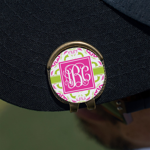 Pink & Green Suzani Golf Ball Marker Hat Clip - Gold - On Hat