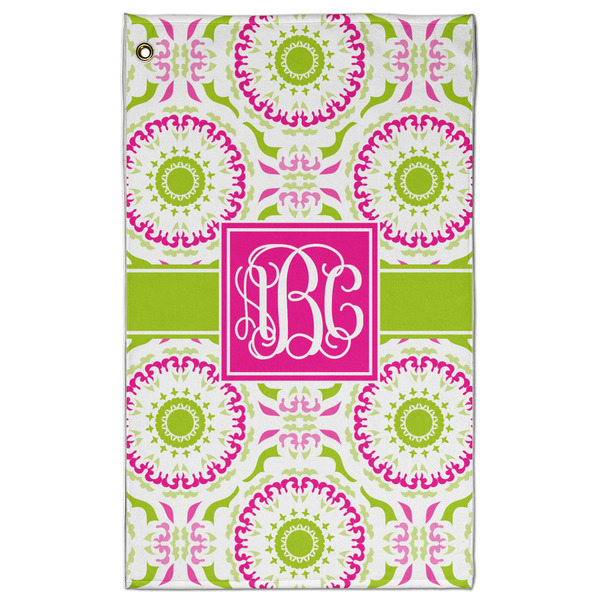 Custom Pink & Green Suzani Golf Towel - Poly-Cotton Blend w/ Monograms