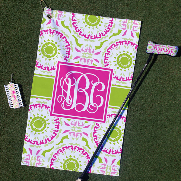 Custom Pink & Green Suzani Golf Towel Gift Set w/ Monogram