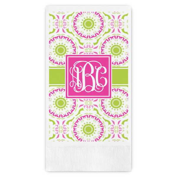 Custom Pink & Green Suzani Guest Napkins - Full Color - Embossed Edge (Personalized)