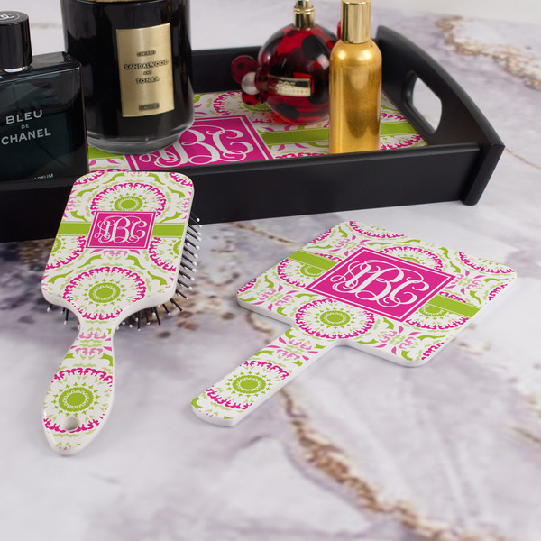 Pink & Green Suzani Hair Brush and Hand Mirror - Bathroom Scene