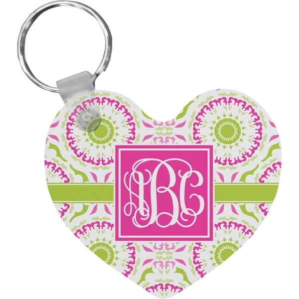 Custom Pink & Green Suzani Heart Plastic Keychain w/ Monogram