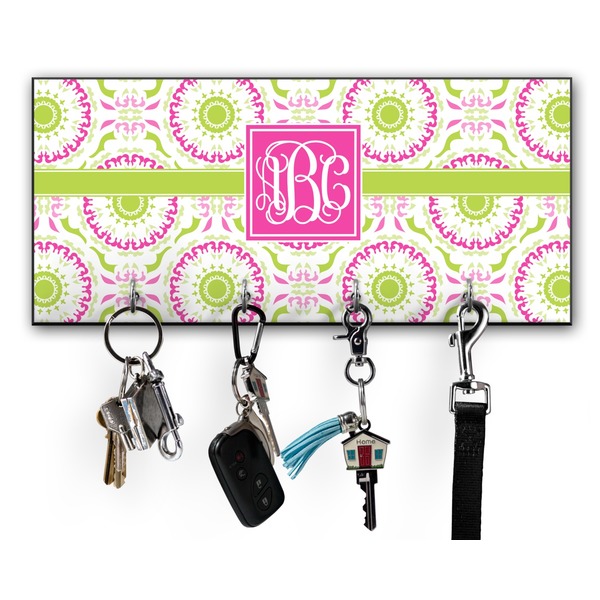 Custom Pink & Green Suzani Key Hanger w/ 4 Hooks w/ Monogram