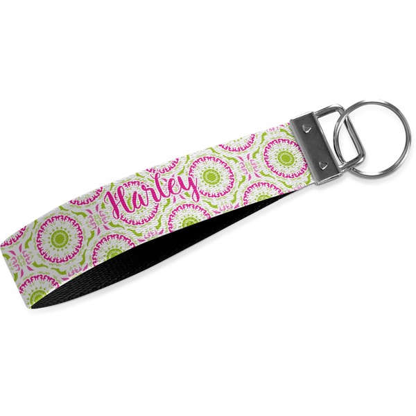 Custom Pink & Green Suzani Wristlet Webbing Keychain Fob (Personalized)