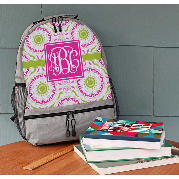 Pink & Green Suzani Large Backpack - Gray - On Desk