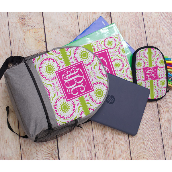 Pink & Green Suzani Large Backpack - Gray - With Stuff