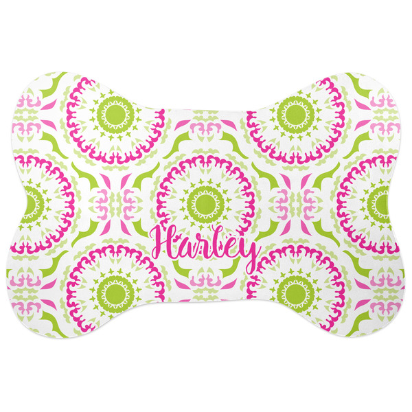 Custom Pink & Green Suzani Bone Shaped Dog Food Mat (Large) (Personalized)