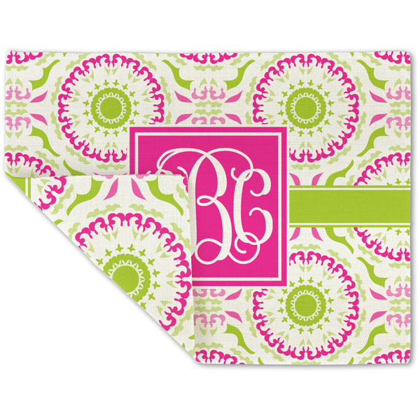 Custom Pink & Green Suzani Double-Sided Linen Placemat - Single w/ Monogram