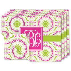 Pink & Green Suzani Double-Sided Linen Placemat - Set of 4 w/ Monogram