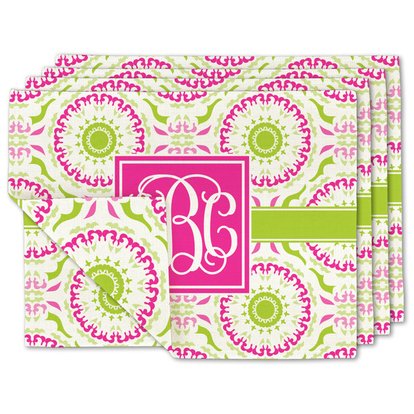 Custom Pink & Green Suzani Double-Sided Linen Placemat - Set of 4 w/ Monogram