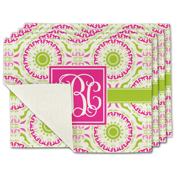 Custom Pink & Green Suzani Single-Sided Linen Placemat - Set of 4 w/ Monogram