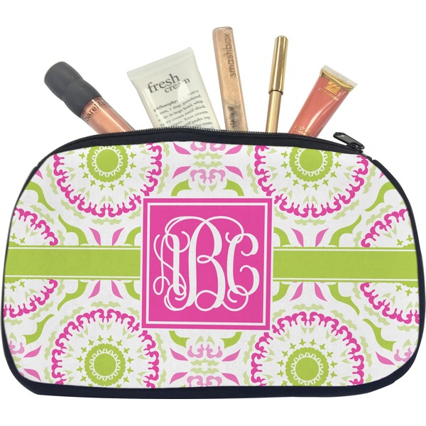 Custom Pink & Green Suzani Makeup / Cosmetic Bag - Medium (Personalized)