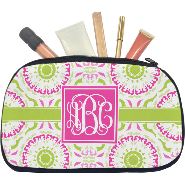 Custom Pink & Green Suzani Makeup / Cosmetic Bag - Medium (Personalized)