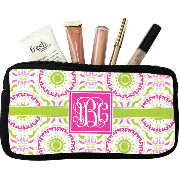 Custom Pink & Green Suzani Makeup / Cosmetic Bag (Personalized)