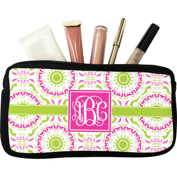 Custom Pink & Green Suzani Makeup / Cosmetic Bag - Small (Personalized)