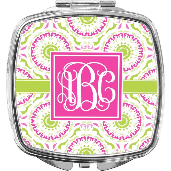 Custom Pink & Green Suzani Compact Makeup Mirror (Personalized)