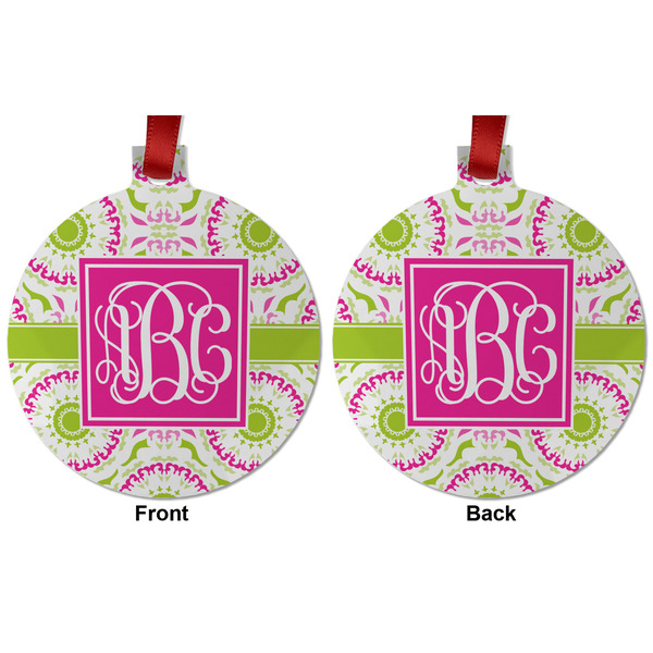 Pink & Green Suzani Metal Ball Ornament - Front and Back