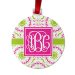 Pink & Green Suzani Metal Ball Ornament - Double Sided w/ Monogram