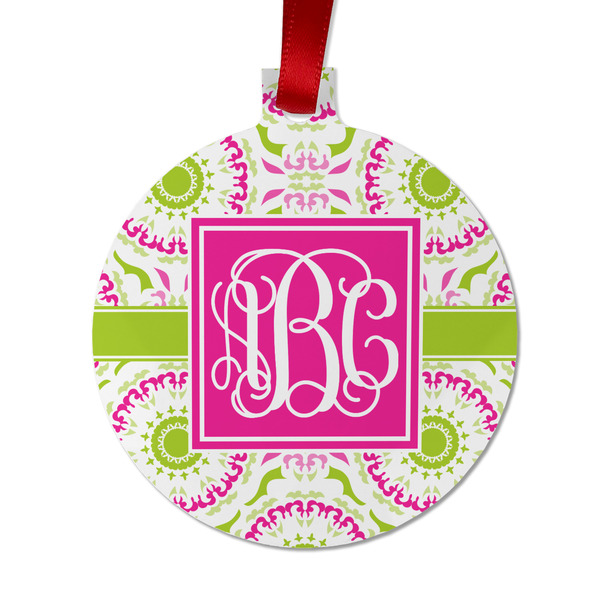 Custom Pink & Green Suzani Metal Ball Ornament - Double Sided w/ Monogram