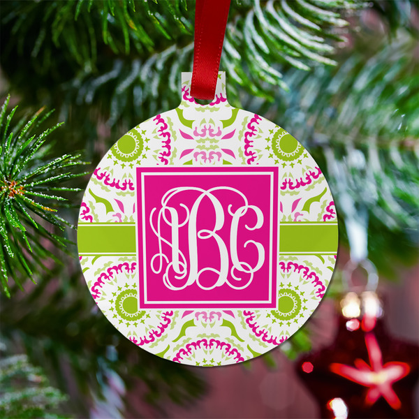 Pink & Green Suzani Metal Ball Ornament - Lifestyle
