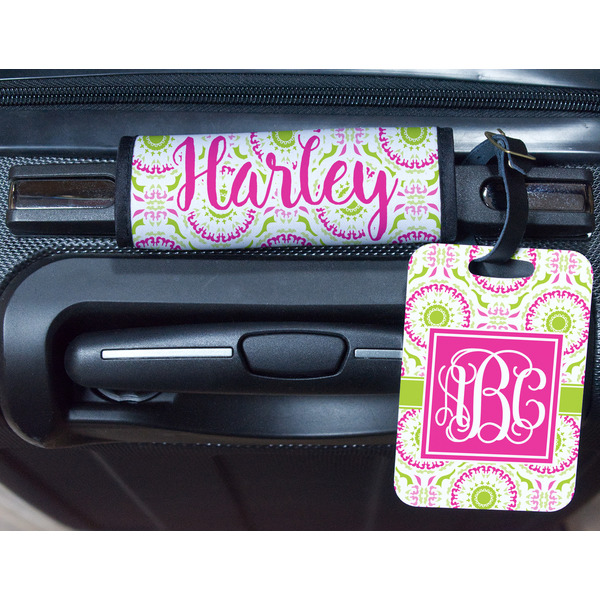 Pink & Green Suzani Metal Luggage Tag & Handle Wrap - In Context
