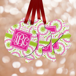 Pink & Green Suzani Metal Ornaments - Double Sided w/ Monogram