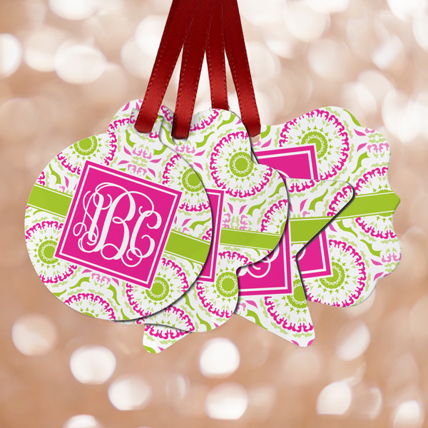 Custom Pink & Green Suzani Metal Ornaments - Double Sided w/ Monogram