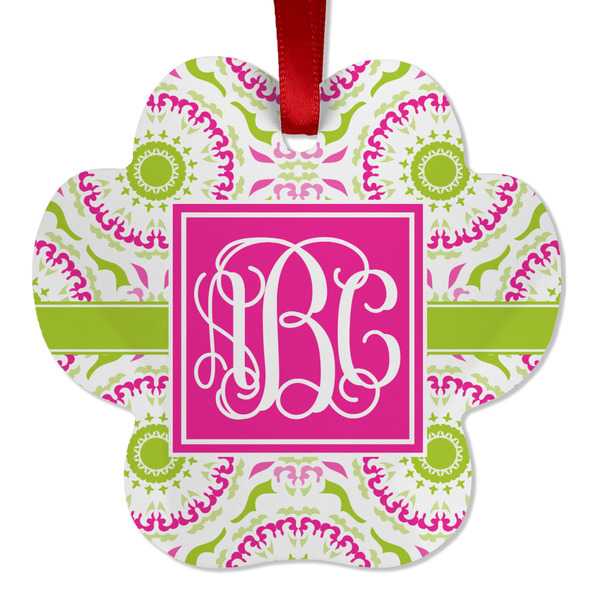 Custom Pink & Green Suzani Metal Paw Ornament - Double Sided w/ Monogram